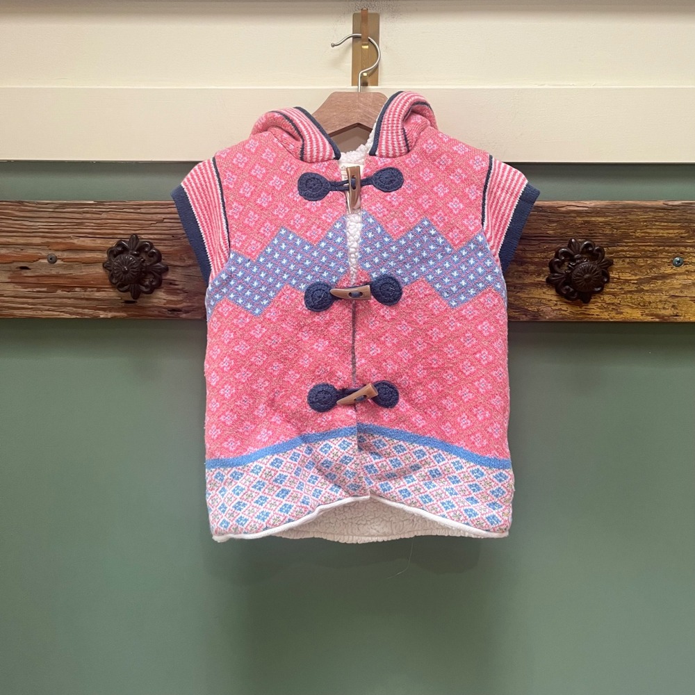 Matilda Jane Girls Pink Blue Fair Isle Sherpa Lined Hooded Toggle Vest Size 6